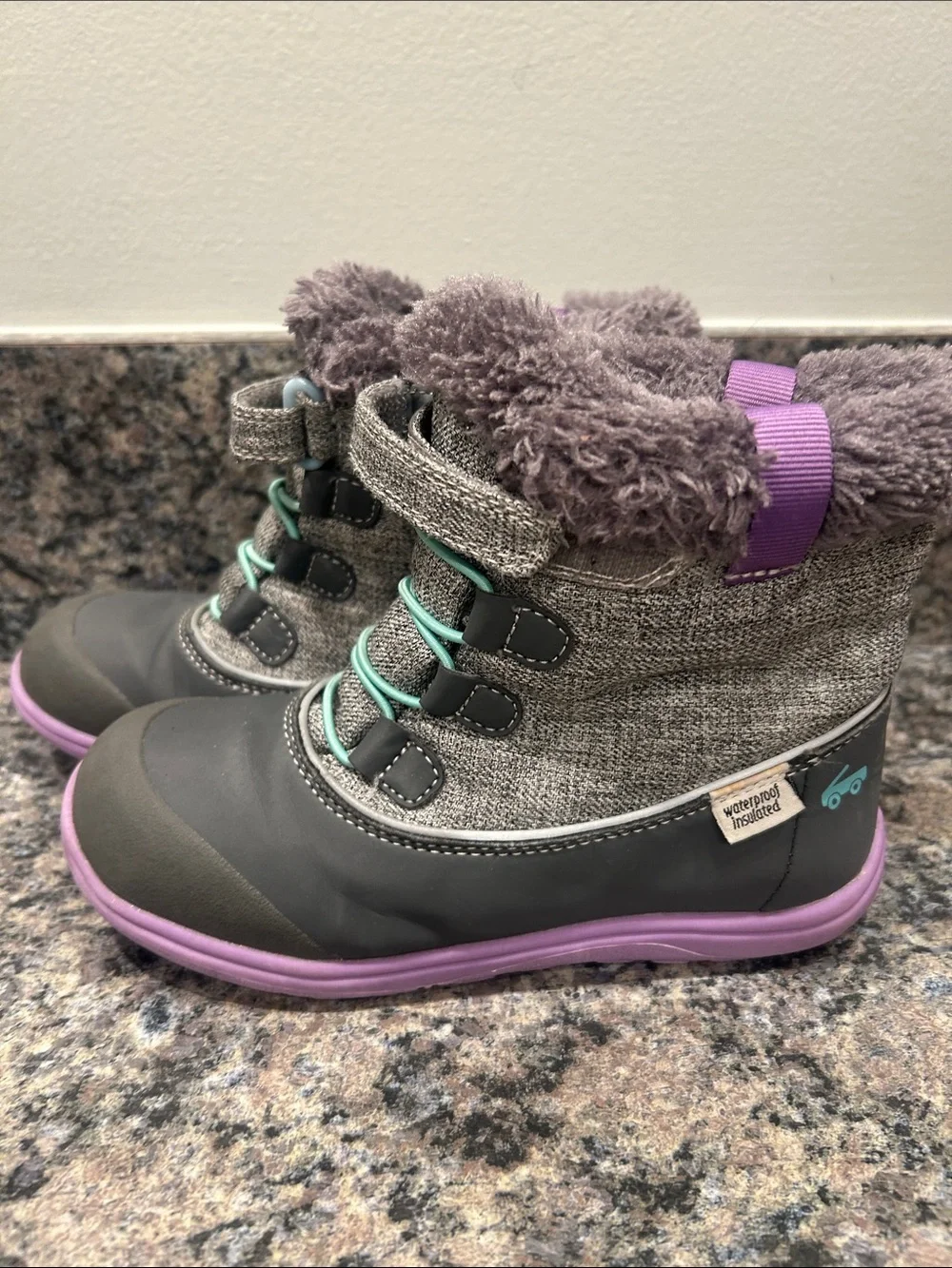 See Kai Run Gray Kids Winter Boots with Purple Soles and Mint Accents